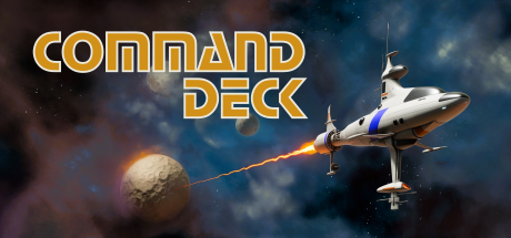 Title image for Command Deck showing a retro sci-fi spaceship flying through space, trailing fire from its engine, with a moon in the background.