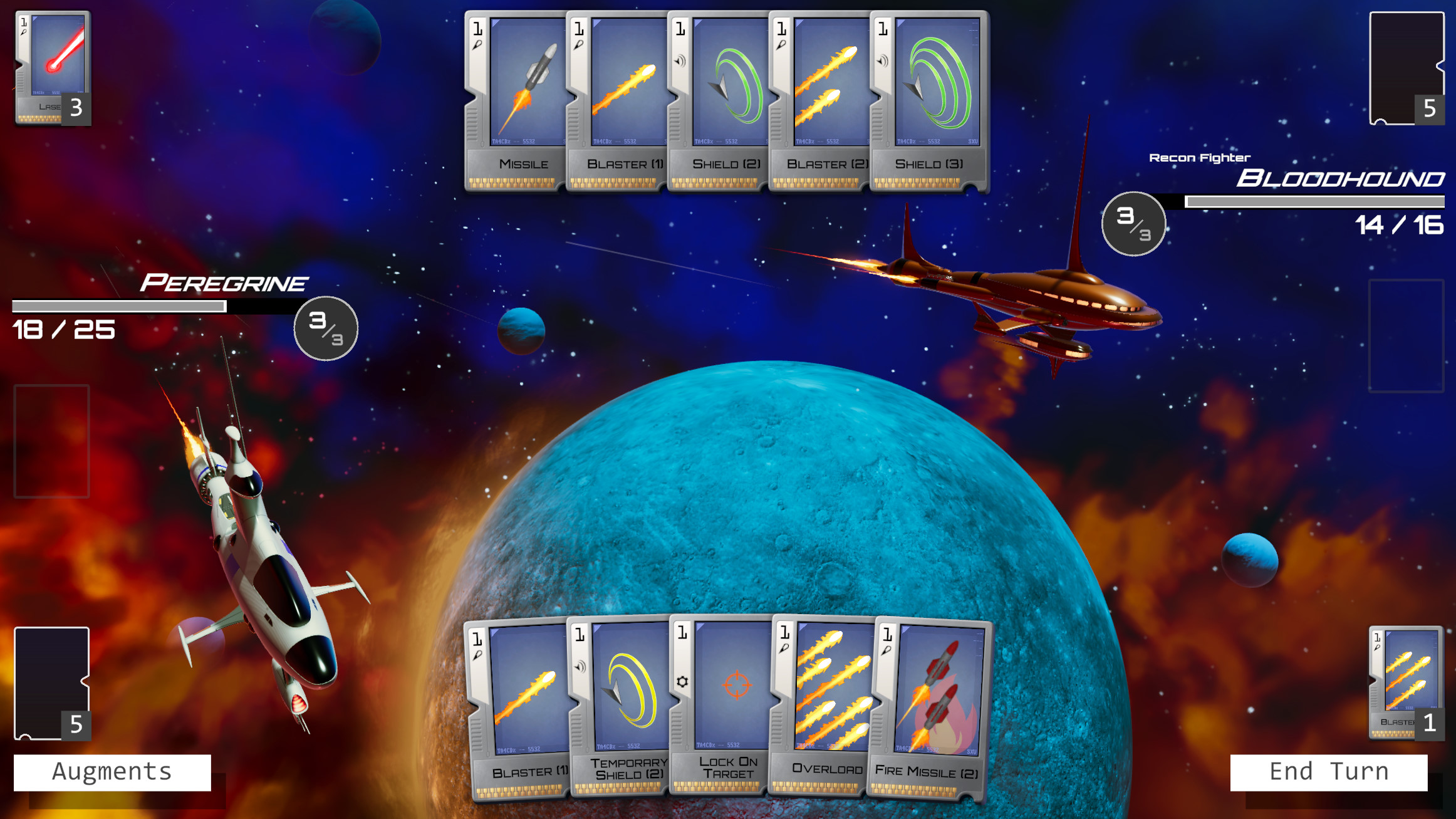 Battle scene from the game, with ships and cards in play, set against a vibrant, multicoloured sky and a turquoise planet.