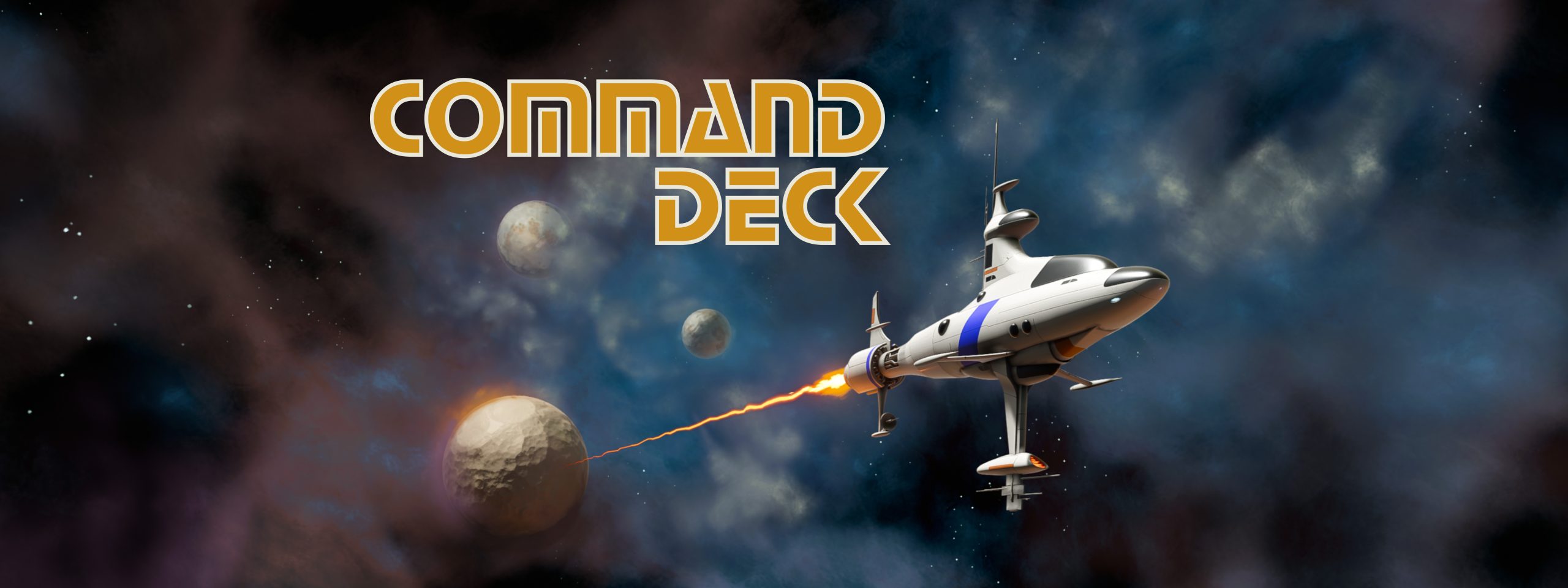 Title image for Command Deck showing a retro sci-fi spaceship flying through space, trailing fire from its engine, with a moon in the background.